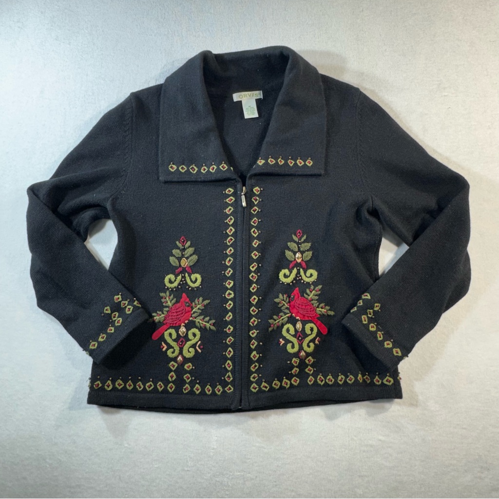 Orvis Christmas Cardinal Sweater, Full Zip, Embroidered, Size M